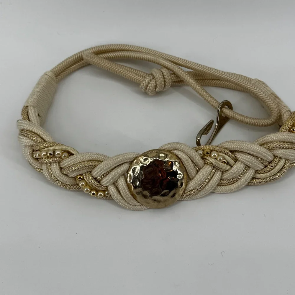 Vintage Braided Rope Belt Cream Gold Pearl Medallion 32